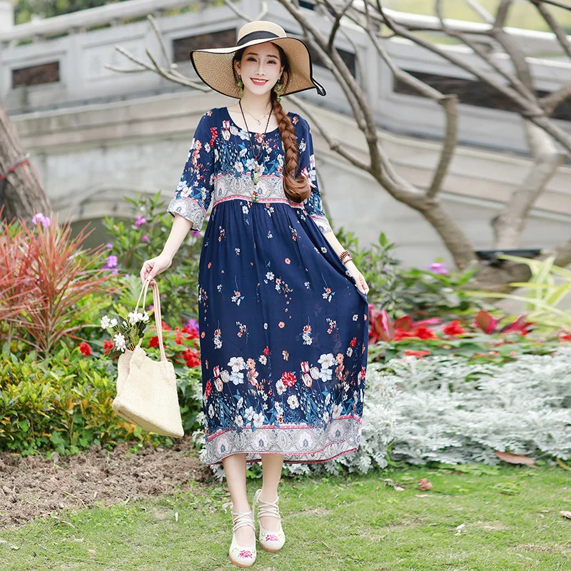 

Ethnic Style Vintage Travel Outing Dress 2020 Summer New Loose plus Size Print Cotton and Linen Short Sleeve Dress