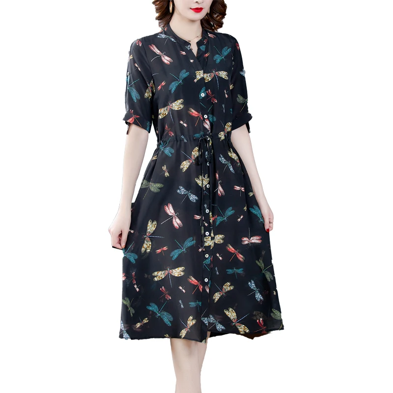 

Women Vintage Black Floral 4XL Plus Size Midi Dress 2021 Summer Casual Print Mulberry Silk Dresses Classy Bodycon Party Vestidos