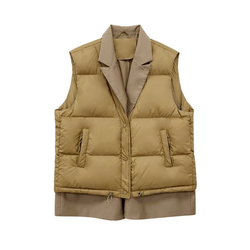 

2021 Spring and Autumn Lightweight Down Women's Waistcoat Casual Style Suit Collar Stitching White Duck Down Waistcoat Jacket