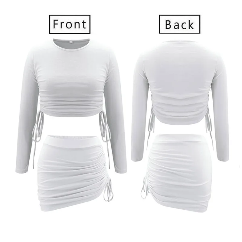 

2021 Women's Hot Ladies Suit Autumn Round Neck Thin Slim Long-sleeved Drawstring Tops + Drawstring Skirt Two-piece Suit Female