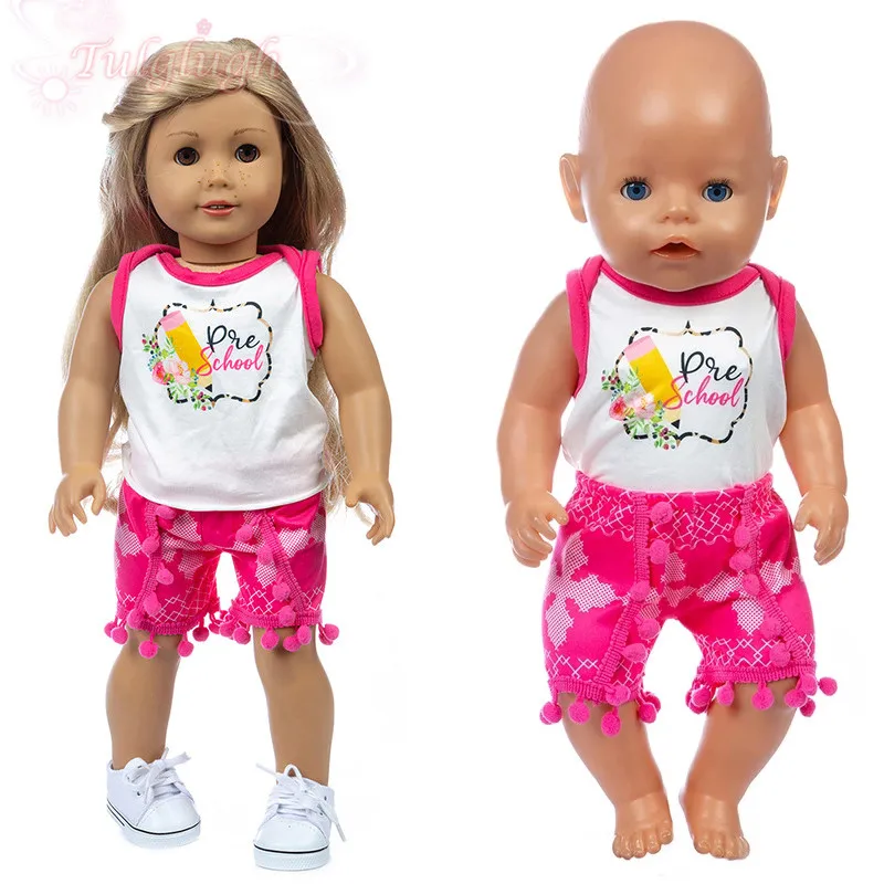 

Hot Summer Set T-shirt Pink Stripe Pellet Short Suits Fit 18Inch American & 43cm Baby New Born Doll Clothes Accessories