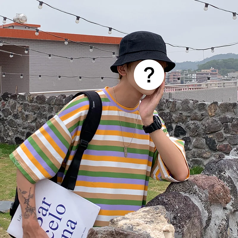 

Harajuku 2021 hot striped short sleeves t shirt men All-match Fashion Summer streetwear Hit color Hip Hop casual funny new top