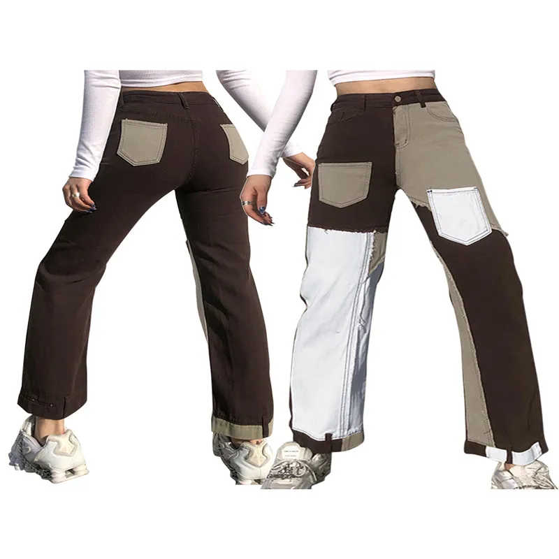 

2021 Women Patchwork High Waist Straight Pants Casual Skinny Stitching Straight-Leg Pants Pocket Trousers Ladies Streetwear