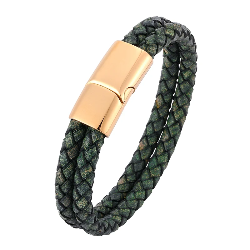 

Fashion Men Bracelets Vintage Green Genuine Leather Braid Charm Bracelet Magnetic Buckle Clasps Men Jewelry Bangles BB0509