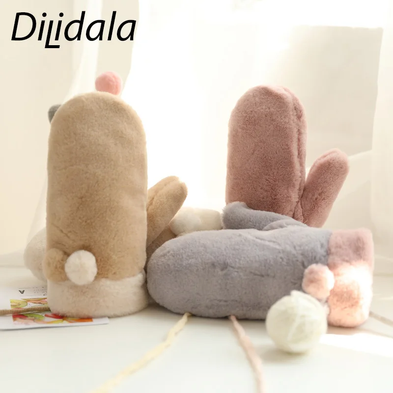 Dilidala женские меховые перчатки зимние плюшевые теплые варежки Детские Висячие