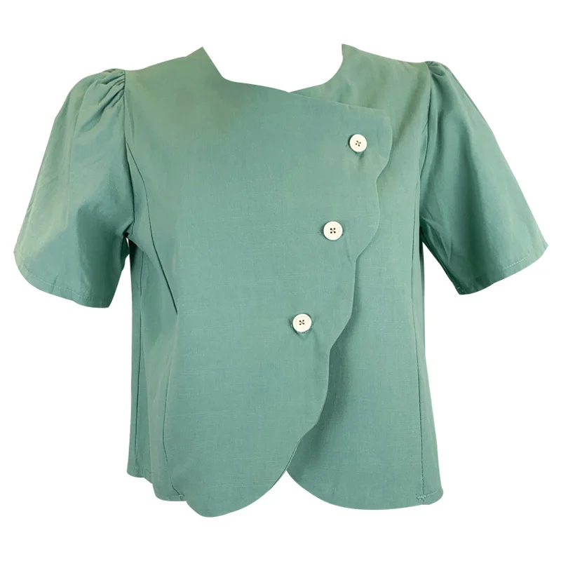 

Kimutomo French Wave Side Buckle Slim Shirt Women 2021 Summer Retro Wild Solid Color Short Sleeve O-neck Blouse Female Elegant
