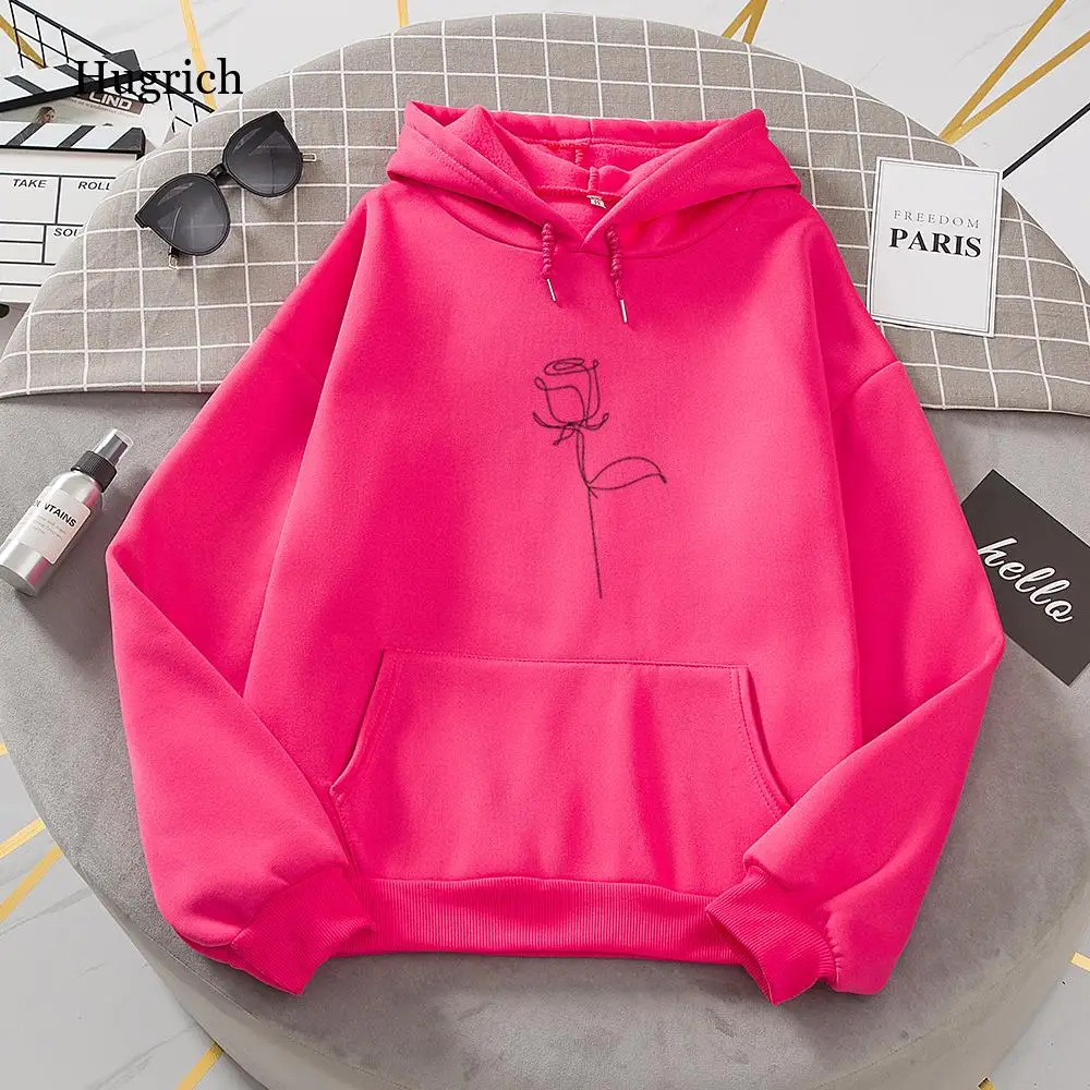 

Oversized Rose Printed Hoodies Sweatshirts Women Long Sleeve Casual Autumn Winter Warm Pullovers Pockets Plus Velvet Sweatshirt