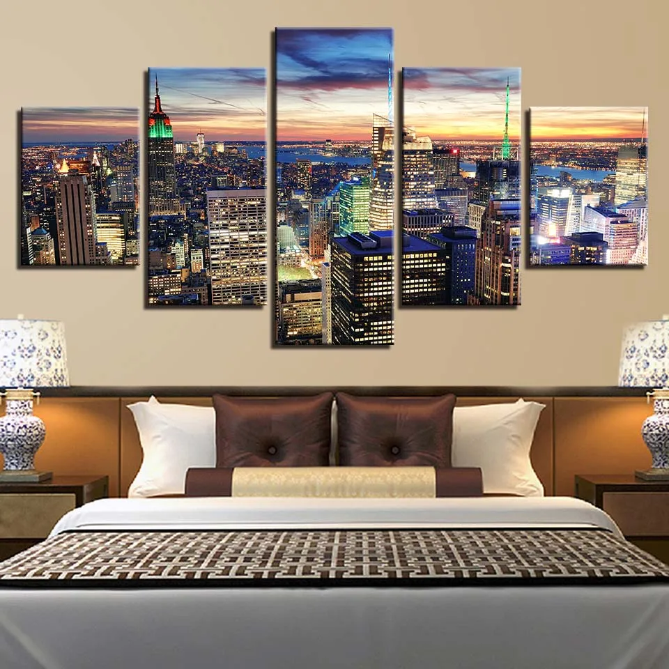 

Modern City At Night Near Lake 5Panels Canvas Wall Art Cuadros Print Canvas Painting Wall Decor for Living Room Poster No Framed