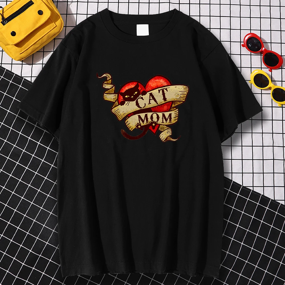 

Модные удобные мужские футболки, футболка на весну и лето, футболка с рисунком кошки, мамы в ретро стиле, с рисунком сердечек и татуировок, Му...