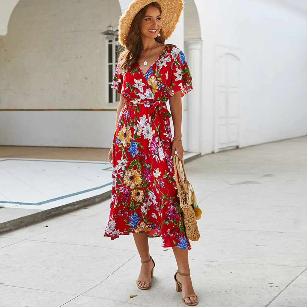 Летние платья с принтом для женщин Bohe Бандажное короткое платье рюшами и