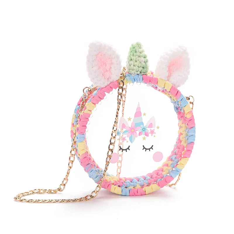 

Uosc 2021 New Hand-Woven Bags For Girl Transparent Round Shoulder Totes Bag Cute Cat Rabbit Ears Cute Handbags Women Handbags