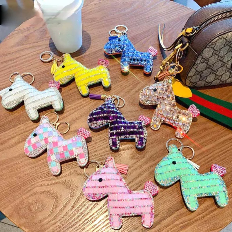 New Fashion Diamond-studded Stay Cute Horse Keychain Cartoon Personality Leather Charm Key Chain Lady Bag Mobile Phone Keychain