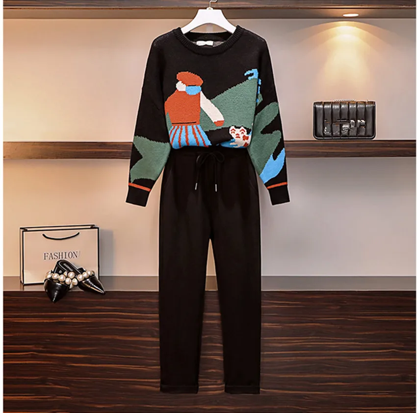 Женский комплект из 2 предметов с брюками Mozuleva вязаный свободный свитер узором и