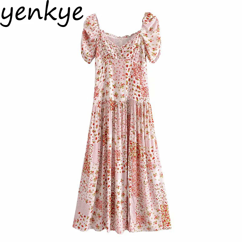 

YENKYE Patchwork Floral Long Dress Women Sexy V Neck Short Sleeve Hem Slits Vestido Mujer Summer Holiday Bohemian Dress