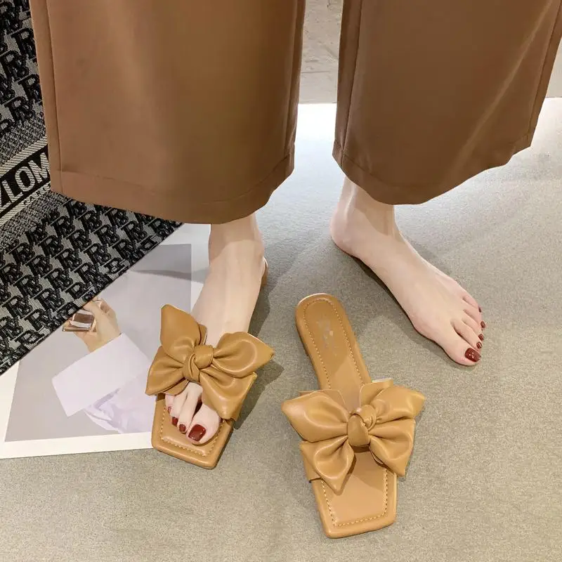 

Women's Slippers Big Butterfly-knot Slip On Slides Square Toe Flats Sandals Female Outdoor Casual Slippers Flip Flops Beach Shoe