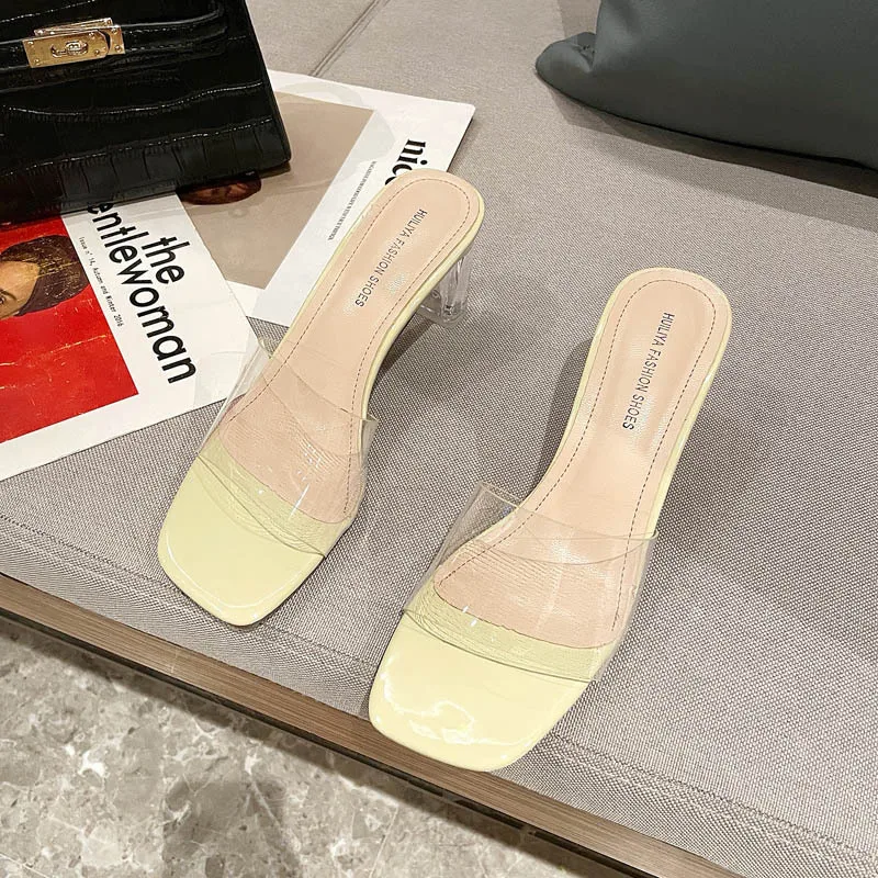 

Transparent Slippers Women Luxury Shoes Glitter Slides Heeled Mules Pantofle Designer Jelly High 2021 Rome Fabric Basic PVC Rubb