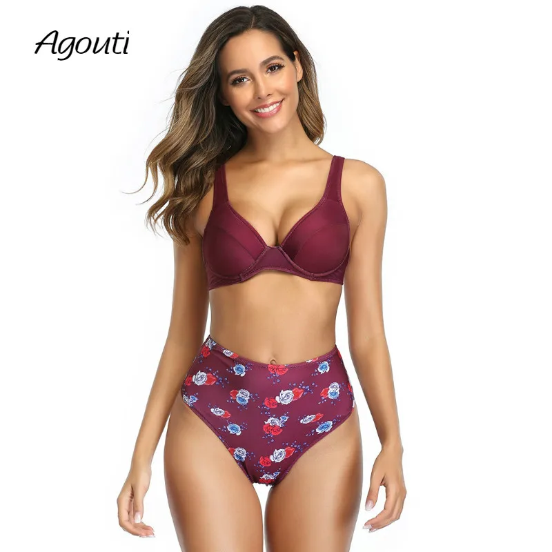 Бикини с высокой талией и цветочным принтом пуш-ап | Женская одежда