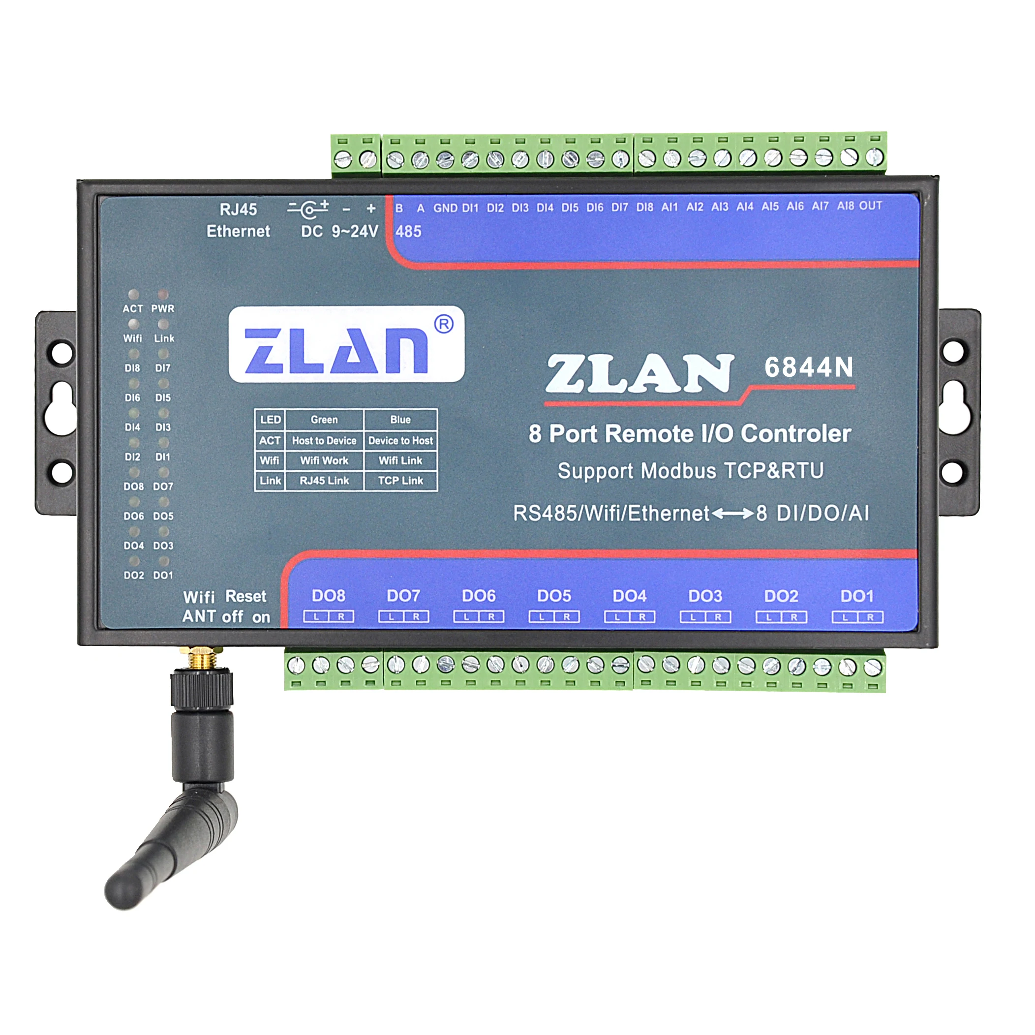 ZLAN6844N 8 channels wifi AI/DI/DO Remote I/ O Controller LAN Modbus TCP P2P data collector module |