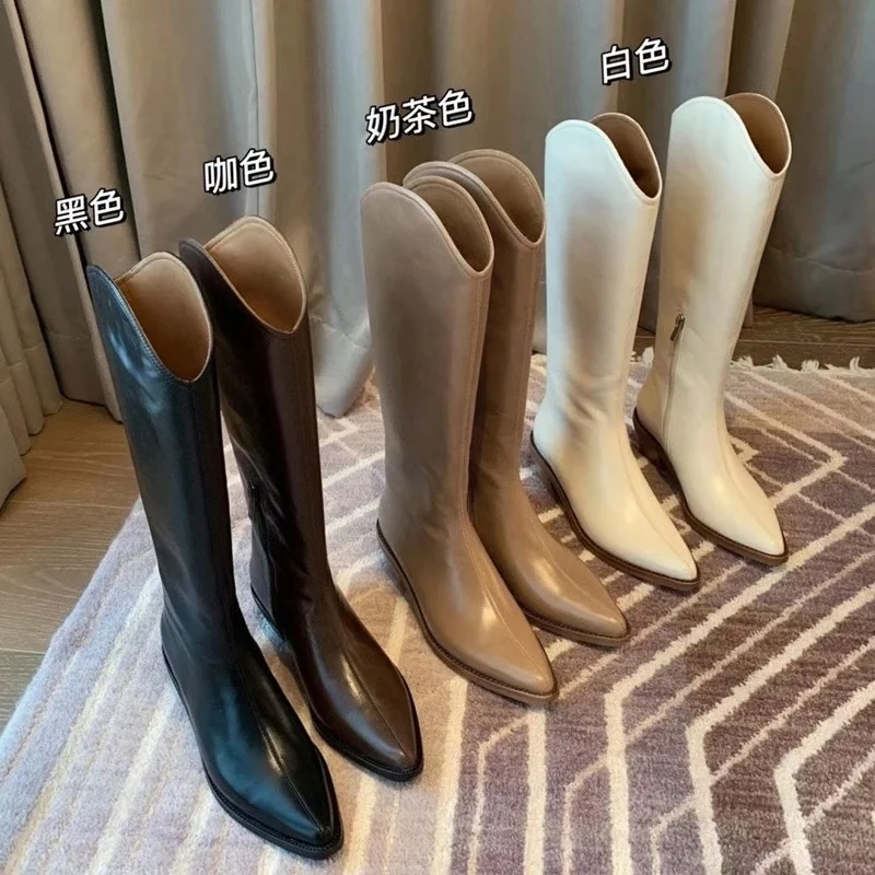 

cowboy 2021 western new boots pointed women's middle tube boots below knee long tube Knight boots high tube