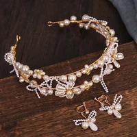 simulation pearl hairbands women hair accessories korean handmade pearls flower hoops earring set headband wedding jewelry 2021
