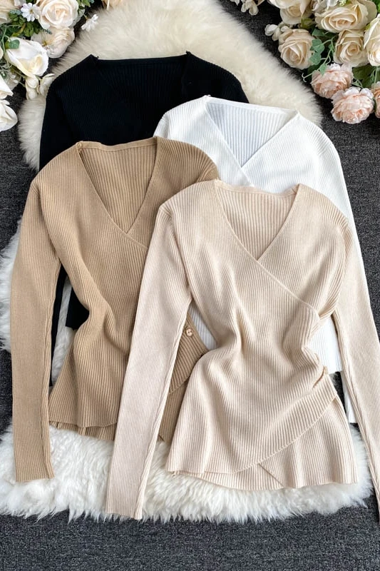 

ZOSOL Young Style Women's Elegant V-neck Waist Hugging Slim All-match Solid Color Sweater Top Women's Autumn and Winter