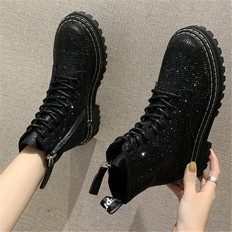 

New Punk Gothic Style Lace up Platform Ankle Boots Bling Rhinestone Women Booties Campus Sweet Student Shoes mujer zapatos