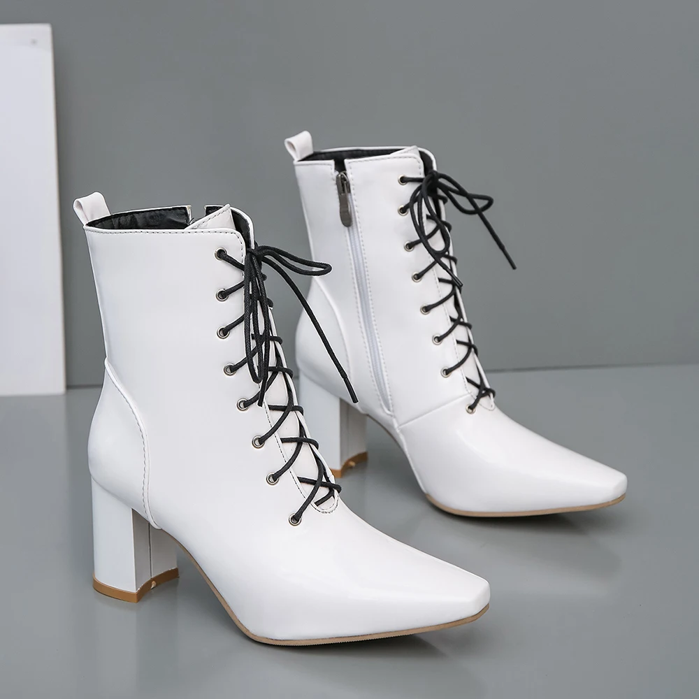 White Thick Lining Г. Новые удобные женские ботильоны абрикосового и белого цвета женская обувь на высоком квадратном каблуке Большие размеры 11, 43, 45, 47, LM293 - Цвет: White Thick Lining