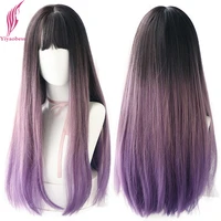 yiyaobess 26inch long straight black purple green blonde ombre wig synthetic hair lolita womens wigs with bangs heat resistant