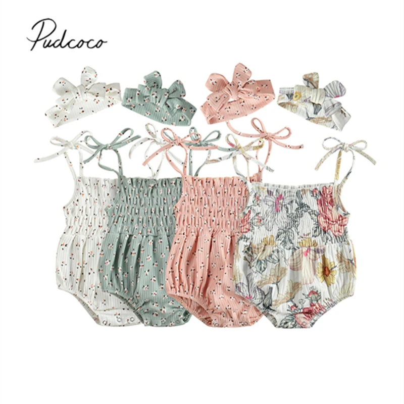 

Pudcoco 0-24M 2Pcs Summer Baby Girl Floral Print Bow Spaghetti Strap Sleeveless Bodysuit+Headband 4 Colors Outfits Clothes
