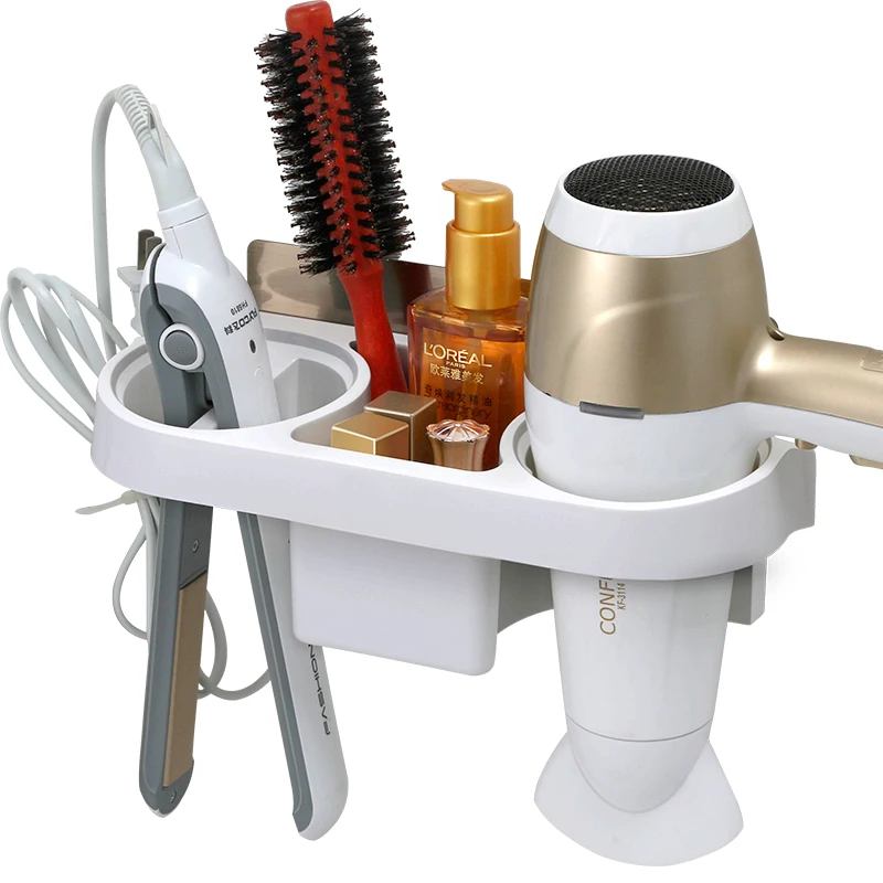 

Plastic Multifunction Bathroom Storage Shelf Hair Dryer Holder Shower Organizer Self-adhesive Wall Mounted Shampoo Straightener