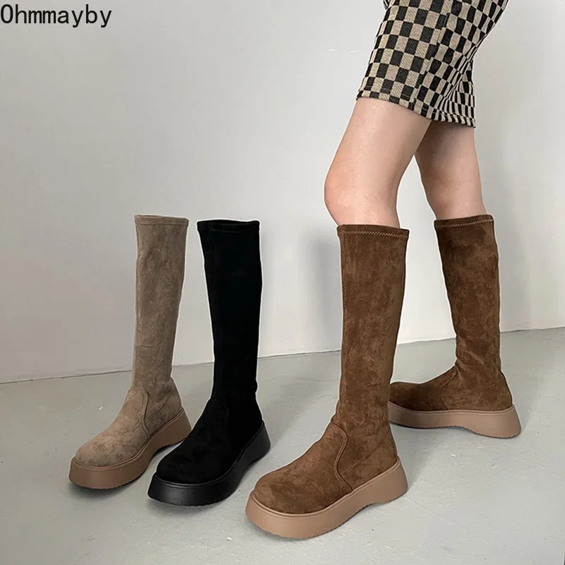 

2022 Winter Fashion Knee Kight Boots Thick Bottom Ladies Suede Elegant Long Booties Women's Shoes Round Toe Slip On Slim Boot