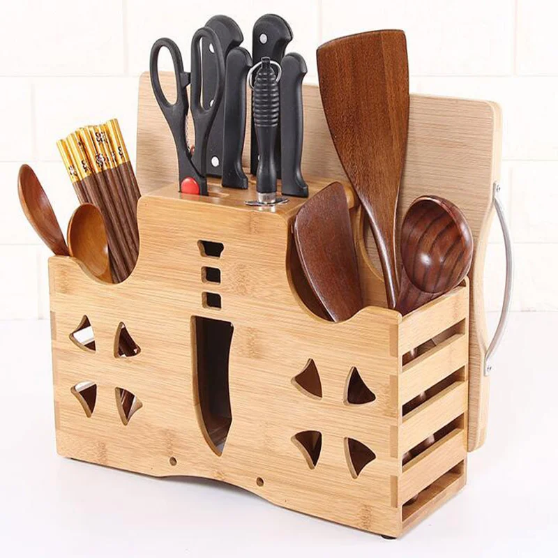 

Kitchen Knife Holder Multifunction Bamboo Knife Rack Chopping Blocks Fork Kitchen Knife Block Stand Wood Knife Holder Creative