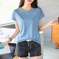 ljsxls womens t shirt summer cotton embroidery short sleeve tshirt women o neck top femme korean loose plus size women clothing