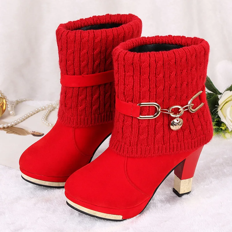 New winter 2019 boots with chunky heels high ground wool mid-leg large size 43 Martin |