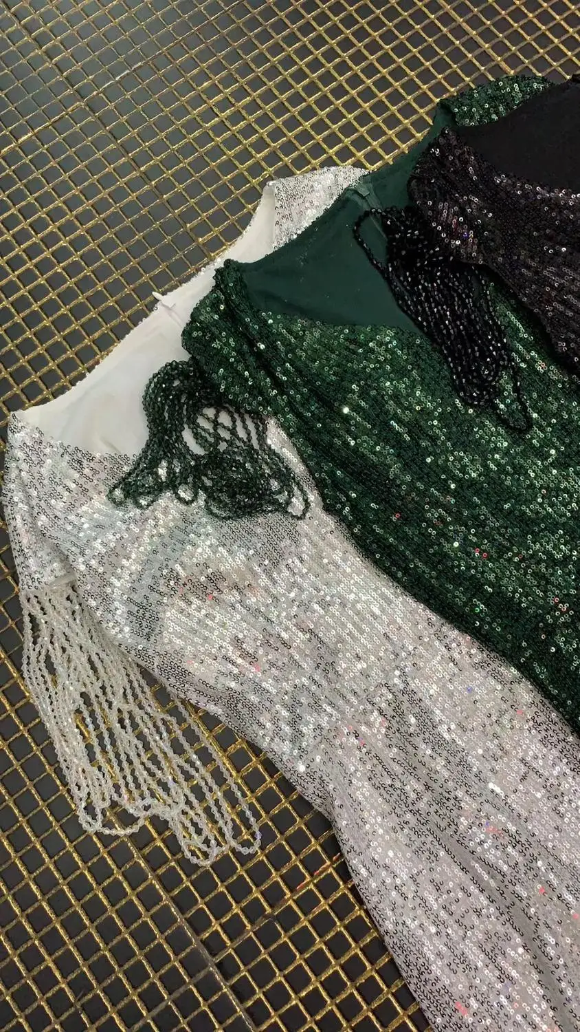 

Elegant sexy women black green white sequined v-Neck sleeveless Summer bodycon Celebrity Party Bandage Dress wholesale