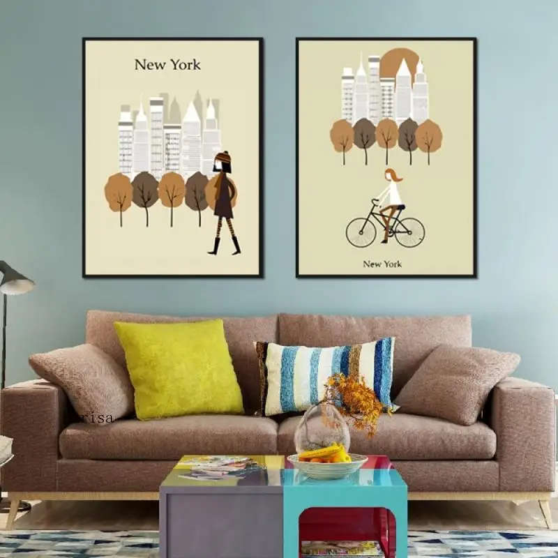 

Cartoon Canvas Painting London New York Paris Spain Landscape Posters and Prints Wall Art Pictures for Living Room Home Decor