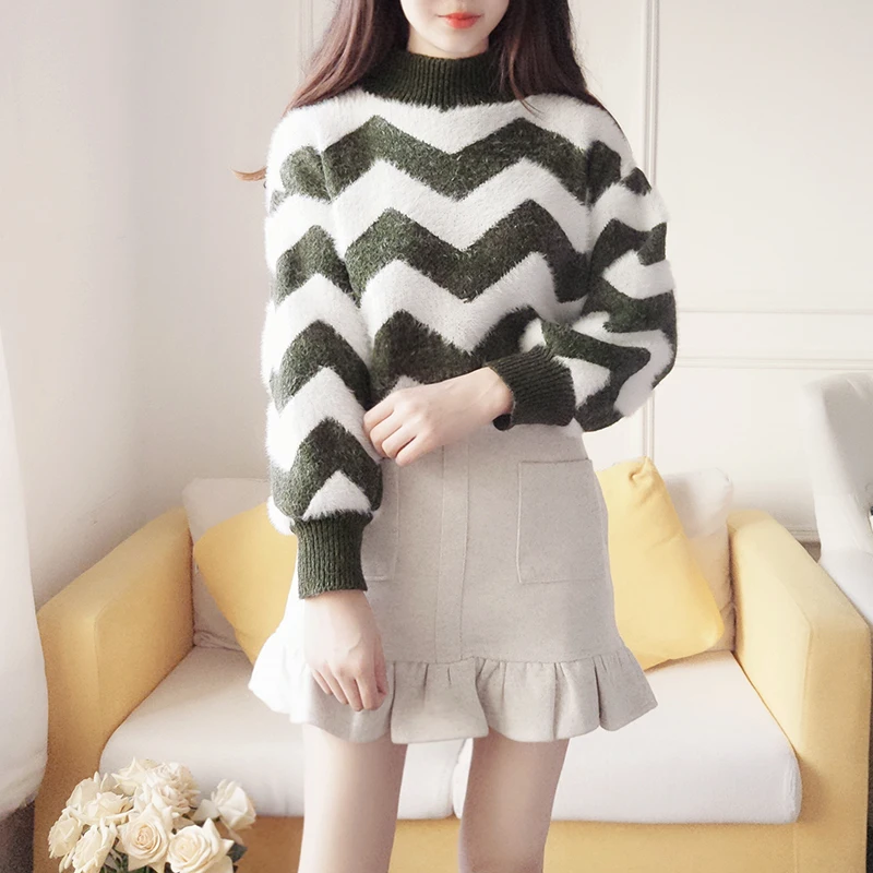 

New Winter Sweater Skirt Women 2 Pcs Clothing Set Knitted Suits Loose Top Pullover Stripe Thick Sweaters Short Ruffle Skirts