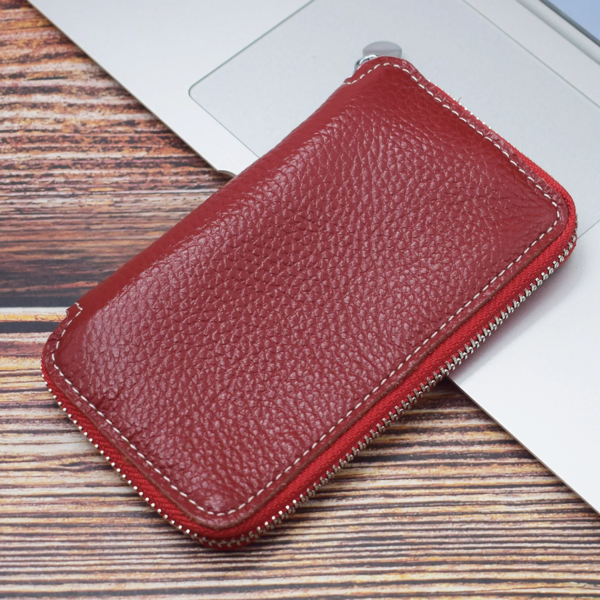 Burgundy Genuine Leather Key Wallet Men Keychain Holder Pouch Purse Zipper Designer Car Key Case Multifunction Door Keys Housekeeper Bag - Color: Burgundy