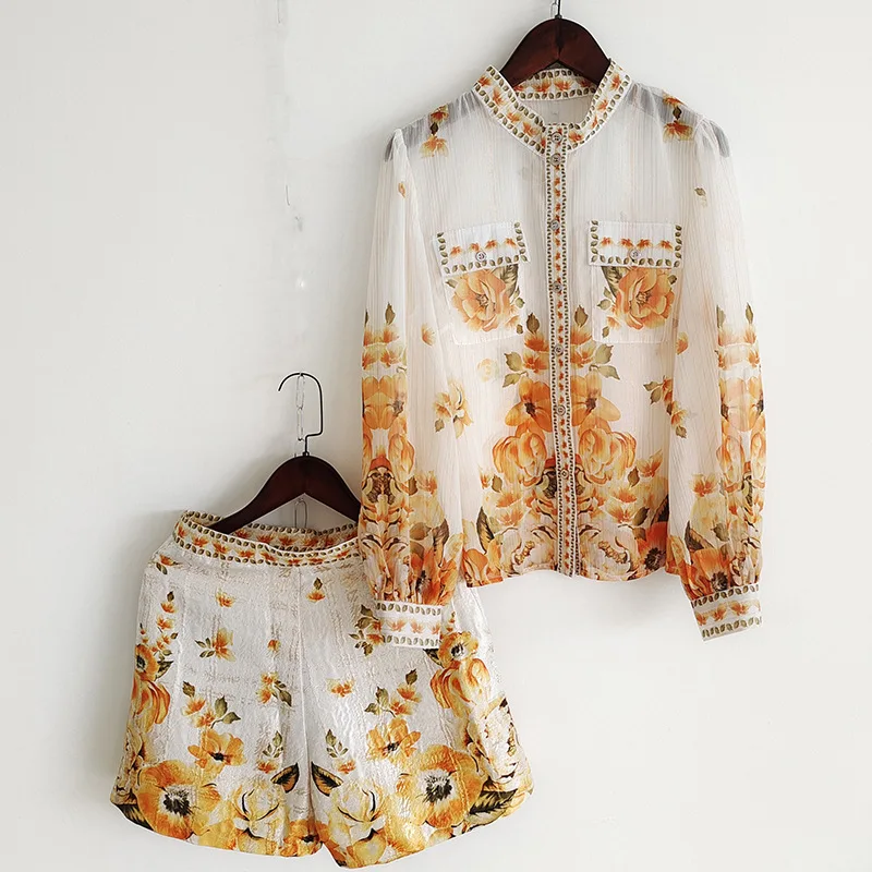 

Летние женские шикарные шорты с цветочным рисунком комплект с рукавами-фонариками однобортные рубашки + жаккардовые широкие брюки, шорты, к...