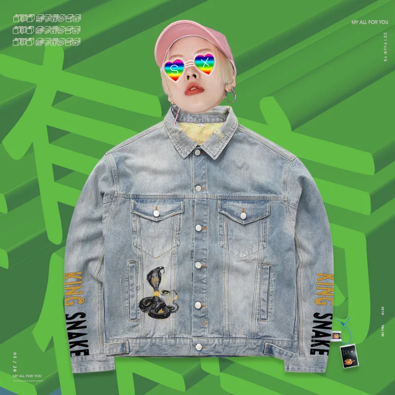 Bomb Coat Single-Breasted Hip hop creative hand drawn snake doodle vintage Fashion Unisex style denim jacketet |