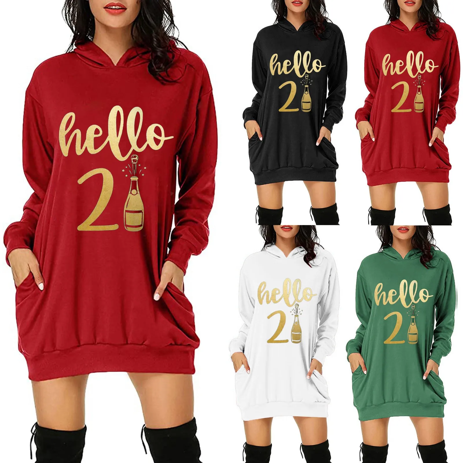 

Ladies Fashion Winter 2021 Printed Hoodie Bag Hip Pocket Printed Hoodie Fashion Sweater Warm Loose Short Dress