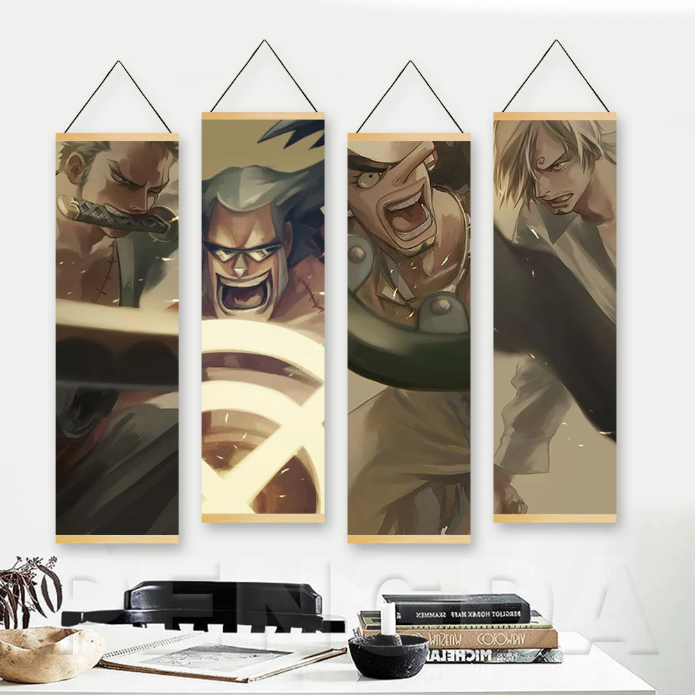 

Canvas Wall Artwork Black Hanging Pictures Japan One Piece Posters Printed Home Decor Wooden Painting Scrolls For Living Room