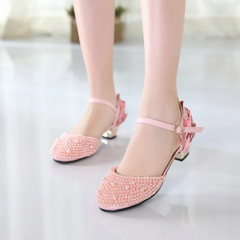 Детские сандалии с жемчугом кожаная обувь для девочек принцессы на высоком