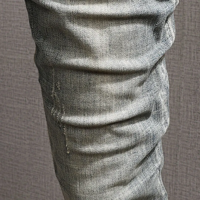 European American Vintage Fashion Men Jeans Distressed Wash Retro Elastic Slim Ripped Jeans Men Embroidery Designer Denim Pants