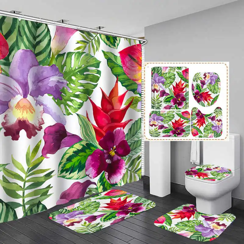 

Tropical Floral Pattern Bohemia Polyester Fabric Shower Curtain Non-Slip Bath Mat Toilet Lid Cover Rugs Home Bathroom Decor Set