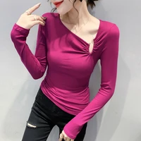 8823 black white purple irregular v neck long sleeve t shirt women v neck sexy club womens t shirt cotton high quality fashion