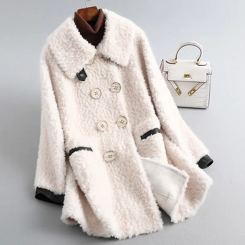 

2021 Women Winter Casual Mid-Length Real Fur Coat Female Genuine Granular Wool Fur Jacket Lady Natural Sheep Sheared Outcoat B84