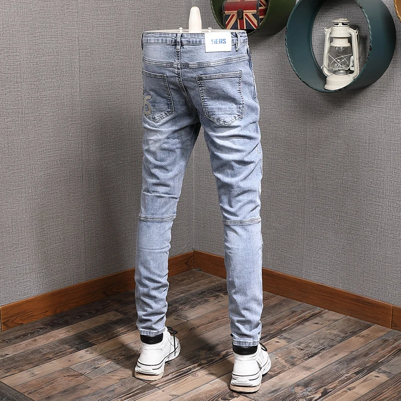 European American Street Fashion Men Jeans Retro Light Blue Elastic Spliced Designer Biker Jeans Men Hip Hop Denim Punk Pants