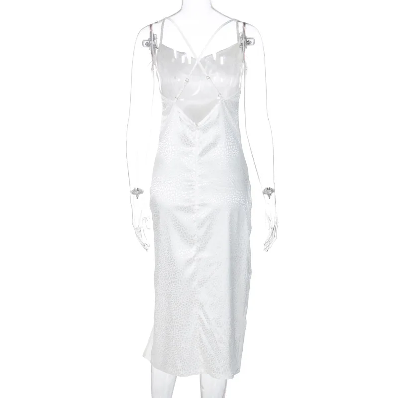 

White Leopard Party Dress Women Spaghetti Straps Cross Backless Side High Split Sexy Dress Elegant Midi Dresses 2020 New