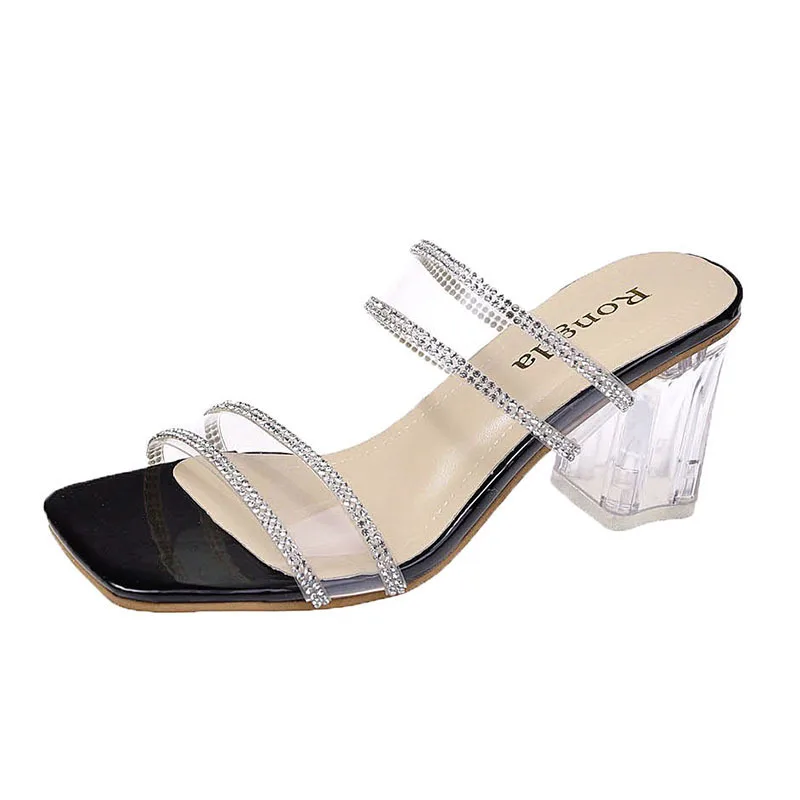 

High-Heeled Shoes Lady Slippers Casual Low Jelly Slides Luxury Summer Transparent Glitter PU PVC Rome Crystal Fabric Fashion Sca